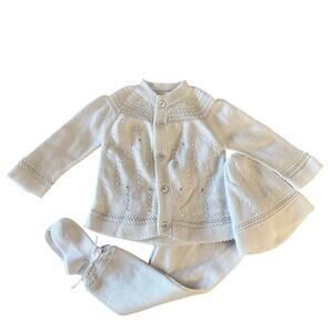 Newborn Heirloom Fine Knit Cotton White Blue Footed Outfit Set Boy Girl Baby New